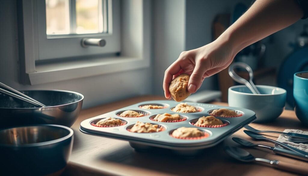 A baker's hand delicately divides freshly poured protein muffin batter into a metal muffin tin, ensuring each cup is filled evenly. The light streams in through a nearby window, casting a warm glow on the scene. The wooden countertop and blue accents create a cozy, minimal kitchen atmosphere. Stainless steel utensils and a ceramic mixing bowl sit nearby, complementing the rustic yet modern aesthetic. The focused attention to detail in this process reflects the care and precision required to create perfectly portioned, portable breakfast muffins.
