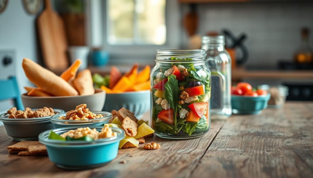A balanced meal prep arrangement on a rustic wooden table, with a variety of colorful and nourishing ingredients. In the foreground, an assortment of freshly chopped vegetables, a small container of hummus, and whole grain crackers. In the middle, a glass jar filled with a vibrant salad, topped with feta cheese and toasted nuts. In the background, a mason jar with a refreshing infused water, and a small container of fresh fruit. The lighting is soft and natural, creating a warm, inviting atmosphere in the cozy, minimal kitchen. The color palette features light blue accents, complementing the wooden textures and creating a calming, yet energizing scene.