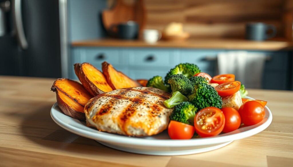 A balanced plate meal prep showcasing a harmonious arrangement of grilled chicken breast, roasted sweet potato wedges, and a vibrant mix of steamed broccoli and cherry tomatoes. The composition is set against a backdrop of a cozy, minimal kitchen with warm wooden textures and light blue accents, creating a calming, inviting atmosphere. The plate is positioned at a slight angle, capturing the visual appeal of the well-portioned, nutrient-dense meal. Soft, natural lighting casts gentle shadows, highlighting the textures and colors of the fresh ingredients. The overall scene exudes a sense of wholesome, healthy living, perfectly suited to illustrate the "Building a Balanced Plate for Success" section of the article.