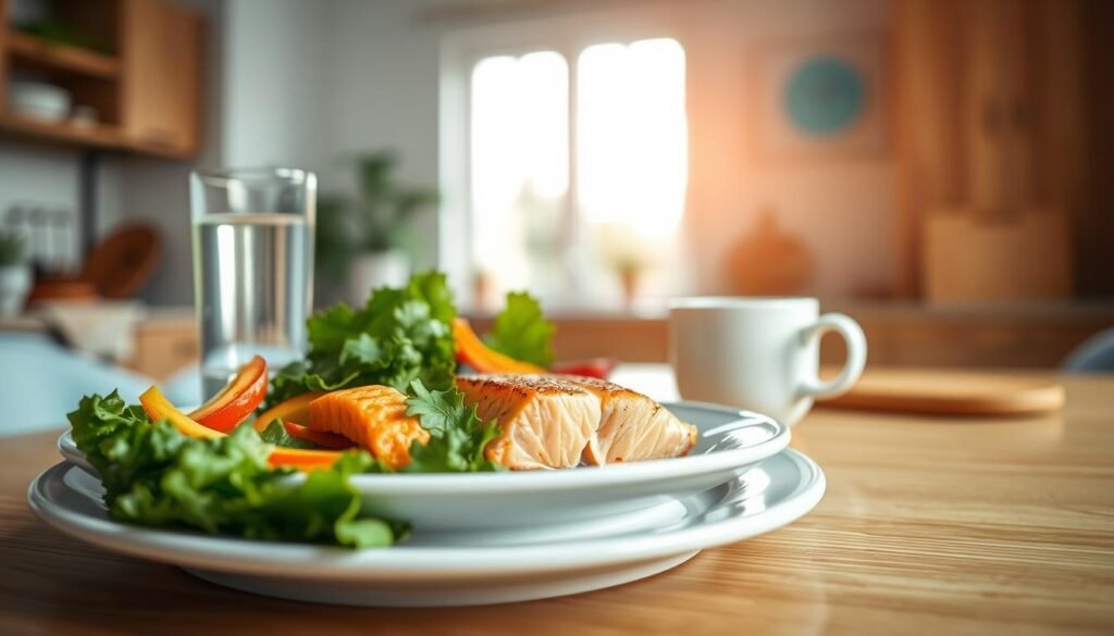 A balanced plate of grilled salmon, leafy greens, and colorful vegetables, with a glass of water and a cup of tea in the background, all bathed in warm, natural lighting from a large window in a cozy, minimal kitchen with wooden textures and light blue accents. The arrangement conveys the benefits of a diabetic-friendly, high-protein and high-fiber meal, promoting blood sugar control and overall health.