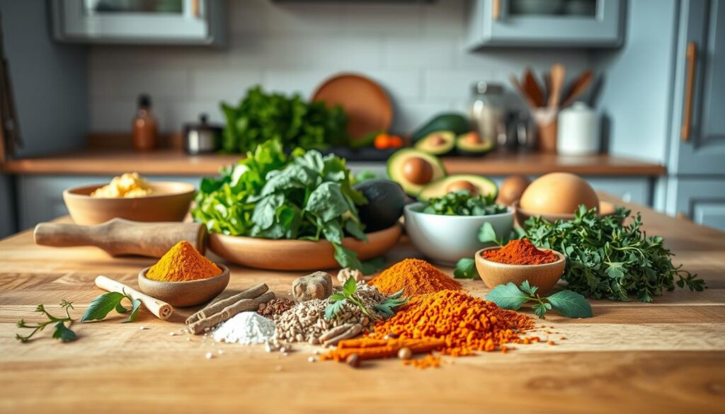 A beautiful kitchen counter with a variety of whole food ingredients, including a selection of keto-friendly seasonings, herbs, and spices. The counter is made of warm, rustic wood, complemented by light blue accents on the walls and cabinets. Soft, diffused lighting creates a cozy ambiance, highlighting the textures and colors of the ingredients. In the foreground, a mix of fragrant spices, such as turmeric, cumin, and paprika, are arranged artfully, suggesting the flavors that can be used to enhance a keto meal. In the middle ground, various leafy greens, avocados, and other healthy fats are displayed, hinting at the nutritional balance of the dish. The background features a subtle, minimalist kitchen setting, allowing the focus to remain on the flavorful ingredients and their potential to transform a simple keto meal.