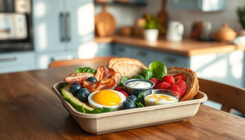 A beautifully arranged bento box with a balanced assortment of breakfast components sits atop a rustic wooden table, bathed in warm, natural lighting. In the foreground, a soft-boiled egg nestles alongside slices of avocado, crisp bacon, and fresh berries. The middle ground features carefully curated bites of whole grain toast, vibrant baby spinach, and a small cup of Greek yogurt with a drizzle of honey. In the background, a minimalist kitchen setting with light blue cabinetry and wood accents creates a cozy, inviting atmosphere.
