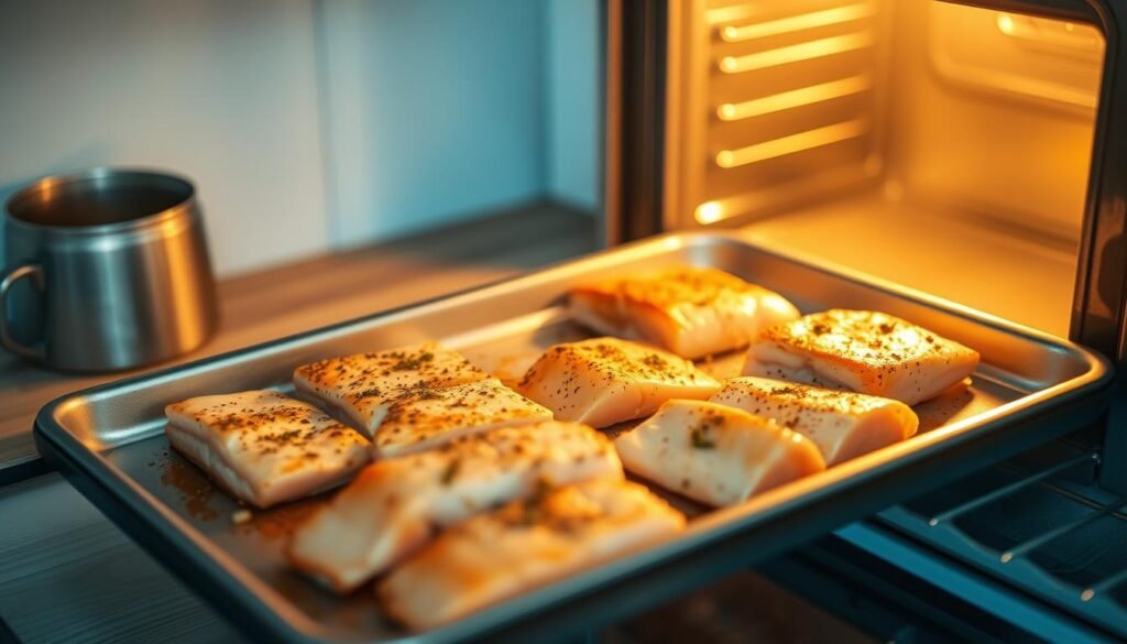 A beautifully arranged sheet pan displays an enticing mixture of salmon and tilapia fillets, seasoned to perfection. The fish sizzle under the warm, golden glow of a modern oven, their delicate textures and flavors accentuated by the minimal, light blue-accented kitchen. Wooden textures and clean lines create a cozy, inviting atmosphere, while the carefully composed scene showcases the versatility of these healthy protein alternatives, ready to inspire creative meal prep for the busy workweek ahead.