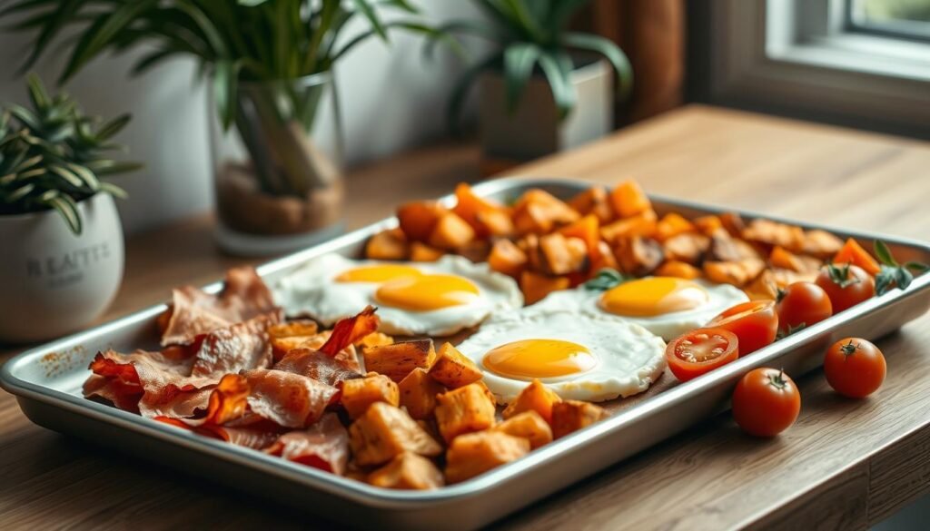 A beautifully arranged sheet pan filled with an assortment of healthy breakfast items - crisp bacon, fluffy scrambled eggs, tender roasted sweet potato chunks, and vibrant cherry tomatoes. The pan is set on a wooden kitchen counter, surrounded by plants and natural light filtering in through a window. The scene exudes a sense of simplicity and mindfulness, inviting the viewer to savor the wholesome and nourishing qualities of this make-ahead breakfast meal prep.