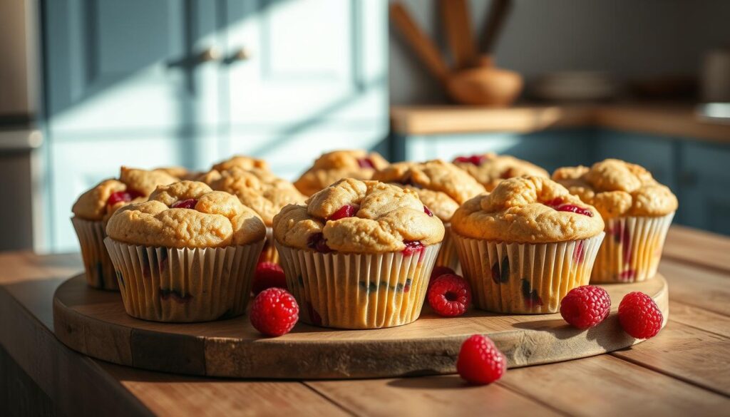 A beautifully arranged spread of fluffy, golden-topped protein breakfast muffins, showcased on a rustic wooden table against a backdrop of light blue cabinetry. The muffins are filled with a nutritious blend of whole grains, fresh berries, and a hint of vanilla, emanating an inviting aroma. Soft natural lighting casts a warm glow, highlighting the muffins' tempting texture and the clean, unprocessed ingredients within. The scene exudes a sense of balance, flavor, and wholesome indulgence, perfectly capturing the benefits of a protein-packed, clean-eating breakfast.