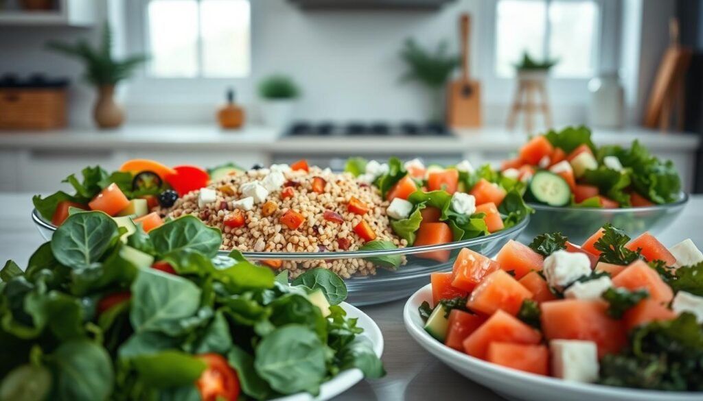 A beautifully arranged spread of four diabetic-friendly salads against a backdrop of a cozy, minimal kitchen. In the foreground, a vibrant green spinach salad with sliced cucumbers, cherry tomatoes, and a light vinaigrette dressing. In the middle, a colorful quinoa salad with roasted bell peppers, red onions, and a sprinkle of feta cheese. In the background, a refreshing watermelon and feta salad, and a creamy avocado and mixed greens salad, both lit by the soft, natural light filtering through the kitchen's large windows. The overall scene conveys a sense of healthy, balanced, and diabetic-friendly meal options.