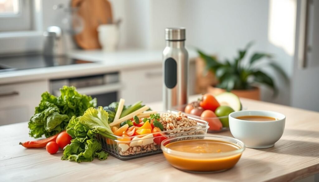 A beautifully arranged spread of visually appealing and appetizing lunch items on a light wooden table in a cozy, minimal kitchen. Crisp fresh vegetables, vibrant fruit salad, a sleek bento box filled with healthy grains and proteins, a thermos of fragrant hot soup, and a stylish reusable water bottle. Soft, natural lighting filters through the window, casting a warm glow on the scene. The overall mood is one of creativity, organization, and a commitment to wholesome, office-friendly meals.