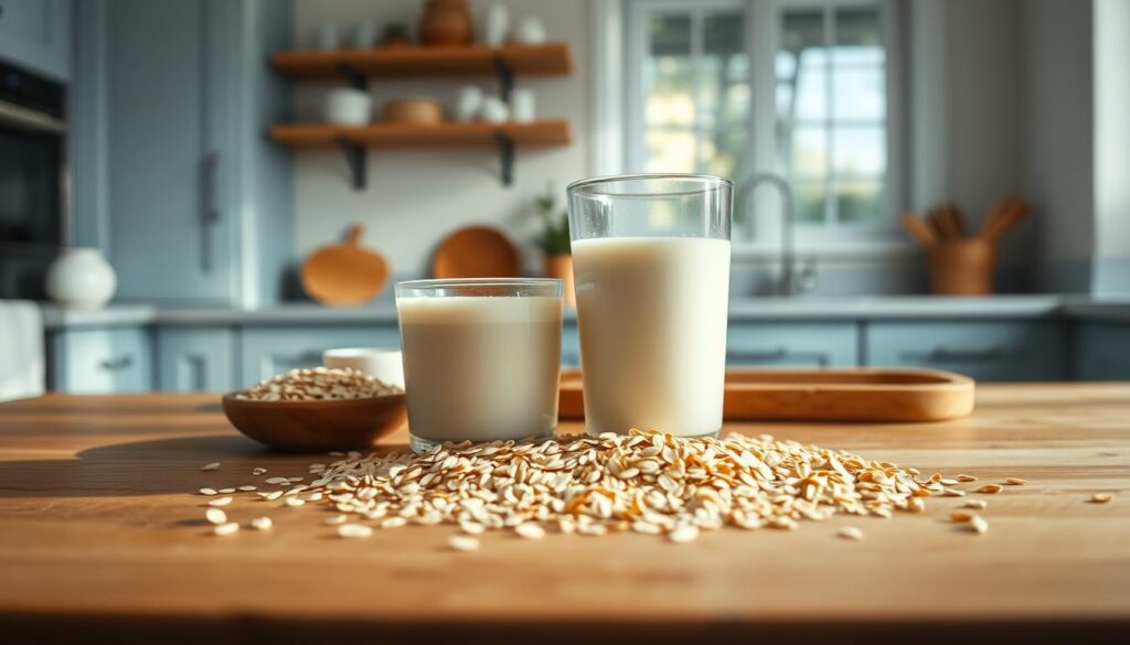 A beautifully arranged still life showcasing high-quality steel-cut oats and a glass of creamy, full-fat milk on a wooden kitchen counter. The oats are neatly scattered, their golden hues contrasting with the pristine white of the milk. Soft, natural lighting filters in through a nearby window, casting a warm glow and creating gentle shadows. The minimal, Scandinavian-inspired kitchen setting features light blue cabinets and simple, rustic decor, allowing the nutritious ingredients to take center stage. The overall composition is balanced, inviting, and visually appetizing, perfectly capturing the essential components of a healthy overnight oats recipe.