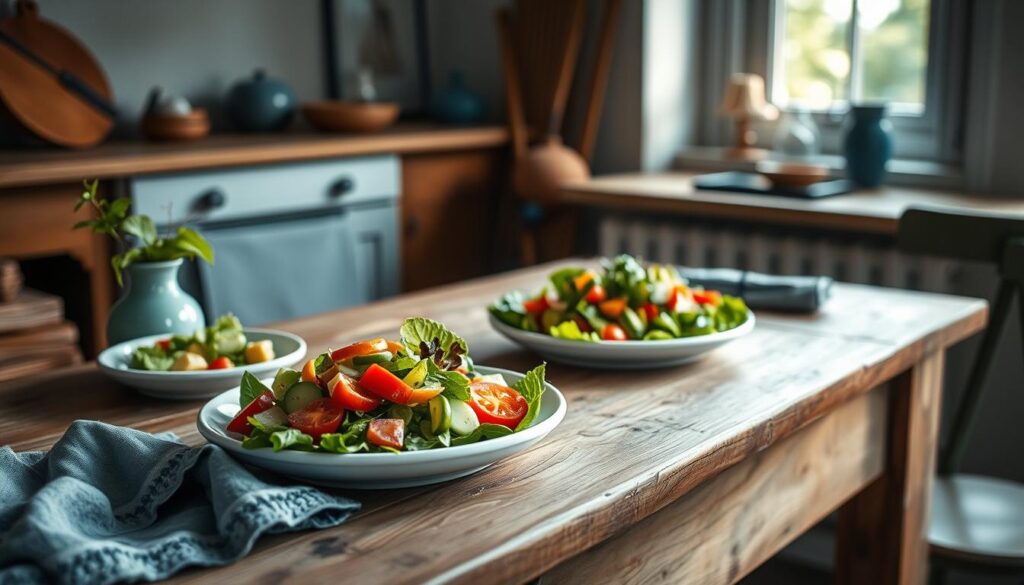 A beautifully composed still life scene of vibrant salad recipes on a rustic wooden table in a cozy, minimal kitchen. The salads are plated on white ceramic dishes, featuring a variety of fresh, colorful ingredients like crisp greens, juicy tomatoes, crunchy cucumbers, and zesty citrus. Soft, natural lighting filters in through a nearby window, casting a warm glow on the scene. Subtle blue accents, such as a simple vase or cloth napkin, complement the earthy tones. The overall mood is fresh, inviting, and visually appetizing, perfectly capturing the essence of "Vibrant Salad & Sandwich Recipes".
