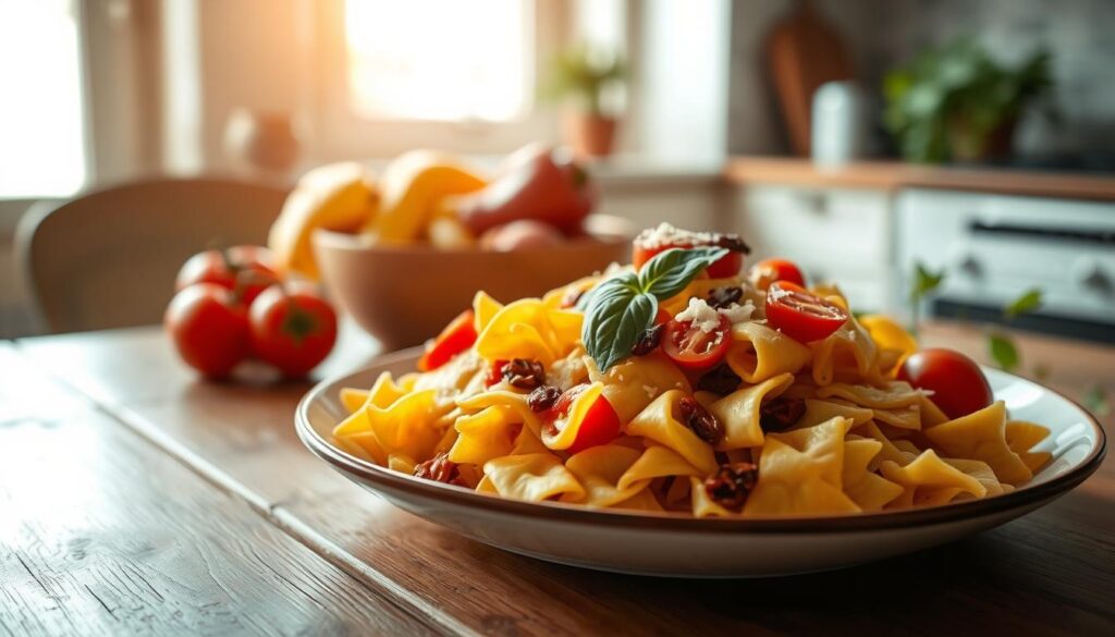 A beautifully crafted Italian cold pasta lunch, arranged artfully on a wooden table in a cozy, minimal kitchen. Vibrant, freshly prepared farfalle pasta with sun-dried tomatoes, basil, and shaved parmesan, accompanied by crisp, colorful vegetables like bell peppers and cherry tomatoes. Soft, natural lighting casts a warm, inviting glow, highlighting the textures and vibrant colors. The scene exudes a sense of health, convenience, and the simple pleasures of a satisfying, no-heat meal.