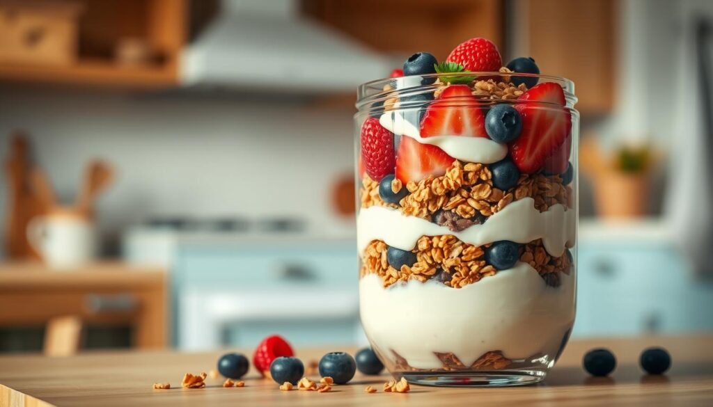 A beautifully crafted breakfast parfait with layers of creamy Greek yogurt, crunchy homemade granola, and an array of fresh, colorful berries - blueberries, raspberries, and strawberries. The parfait is presented in a clear glass jar, showcasing the vibrant colors and textures. The scene is set in a cozy, minimal kitchen with warm wooden accents and light blue hues, creating a calming, inviting atmosphere. The parfait is lit from the side, casting soft shadows and highlighting the natural beauty of the ingredients. The composition is balanced and visually appealing, capturing the essence of a nutritious and delectable breakfast meal prep.