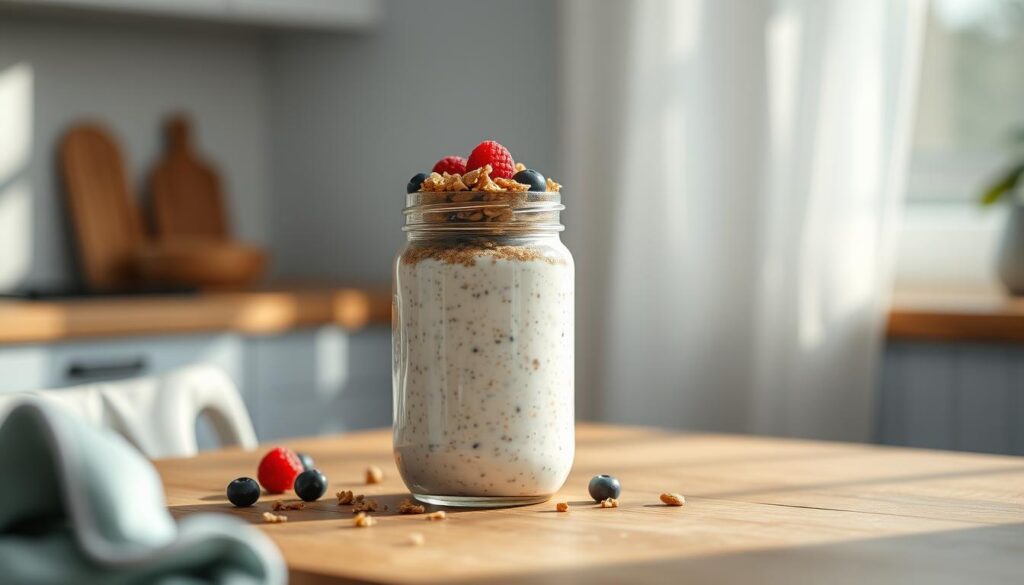 A beautifully crafted glass jar filled with creamy vanilla-infused overnight oats, topped with a sprinkling of crunchy granola and fresh berries. The jar sits atop a wooden table, surrounded by natural light filtering through sheer curtains, casting a warm, inviting glow. The minimalist kitchen scene features light blue accents and rustic wood textures, creating a cozy and nourishing atmosphere perfect for a weight-conscious morning meal.