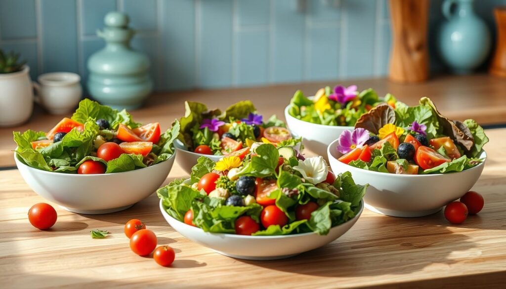 A beautifully curated display of creative lunch salads sits atop a wooden kitchen counter, bathed in soft, natural light. A variety of fresh, colorful ingredients are artfully arranged - crisp greens, juicy tomatoes, crunchy vegetables, and vibrant pops of color from berries and edible flowers. The salads are presented in modern, minimalist bowls against a backdrop of light blue accents, evoking a sense of simplicity and wellness. The overall scene conveys a mood of nourishment, organization, and the joy of meal planning for a productive workweek.