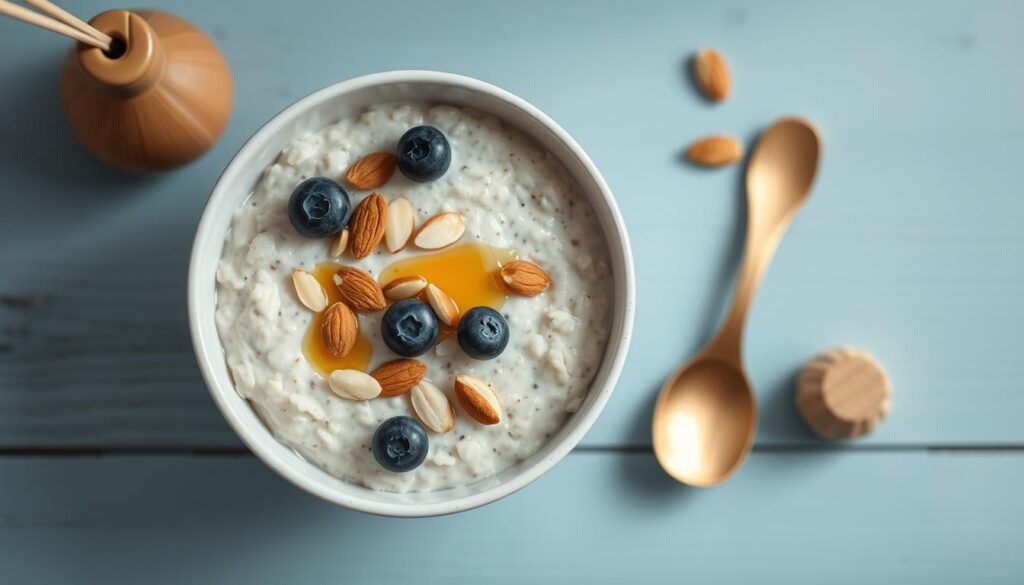A beautifully lit and minimalist overhead shot of a bowl of nutritious overnight oats, with a creamy, thick texture and sprinkled with toasted almonds, fresh blueberries, and a drizzle of honey. The oats are presented on a wooden table against a light blue backdrop, creating a cozy and inviting atmosphere. The scene is bathed in soft, natural lighting, highlighting the delicate colors and textures of the ingredients. The composition emphasizes the simplicity and health benefits of this nourishing breakfast option.