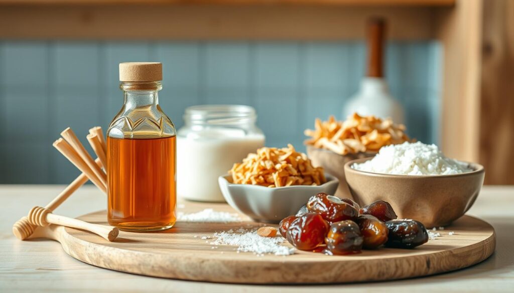 A beautifully lit, close-up still life of a variety of natural sweeteners set against a minimal, wooden kitchen background with light blue accents. In the foreground, an array of honey sticks, maple syrup, and date paste are artfully arranged on a wooden board. In the middle ground, a glass jar of raw sugar and a ceramic dish of toasted coconut flakes add texture and depth. The lighting is soft and natural, creating a warm, inviting atmosphere that complements the wholesome, organic feel of the scene.