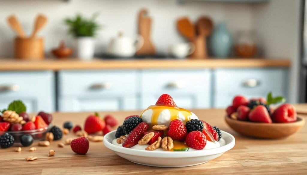 A beautifully lit kitchen counter showcases an array of fresh, low-sugar ingredients - juicy berries, crunchy nuts, creamy yogurt, and a drizzle of fragrant honey. The soft, natural lighting casts a warm glow, highlighting the wooden textures and light blue accents that create a cozy, inviting atmosphere. In the foreground, a simple yet elegant breakfast dish takes center stage, a testament to the ease and deliciousness of quick, low-sugar recipes for the time-strapped cook.