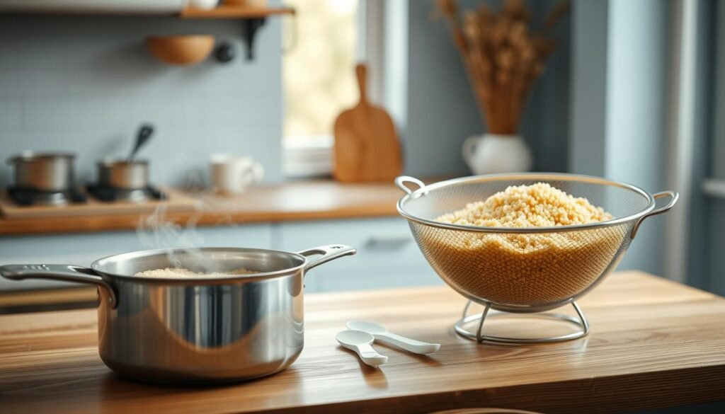 A beautifully lit kitchen counter with a wooden surface, showcasing the step-by-step preparation of quinoa. In the foreground, a saucepan simmers with quinoa grains, steam gently rising. Next to it, a measuring cup and spoon stand ready. The middle ground features a colander filled with freshly cooked quinoa, its fluffy texture and golden hue inviting. Surrounding the scene, the light blue walls and minimalist decor create a calm, nourishing atmosphere, perfect for a wholesome breakfast meal prep.