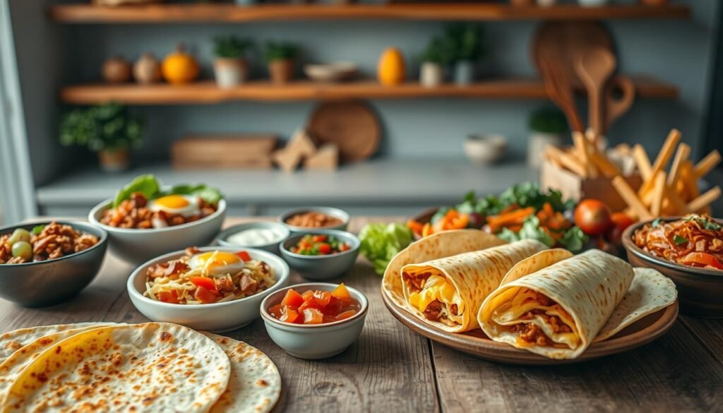 A beautifully lit overhead view of a rustic wooden table, showcasing an array of customizable breakfast burrito ingredients. In the foreground, a selection of warm, freshly grilled tortillas, alongside bowls overflowing with fluffy scrambled eggs, crispy bacon, savory chorizo, and an assortment of vibrant vegetables such as diced tomatoes, sautéed peppers, and caramelized onions. In the middle ground, small condiment dishes filled with zesty salsa, tangy sour cream, and shredded cheese add pops of color. The background features a soft, hazy, light blue-toned kitchen setting, with wooden shelves and minimal decor, creating a cozy, inviting atmosphere.