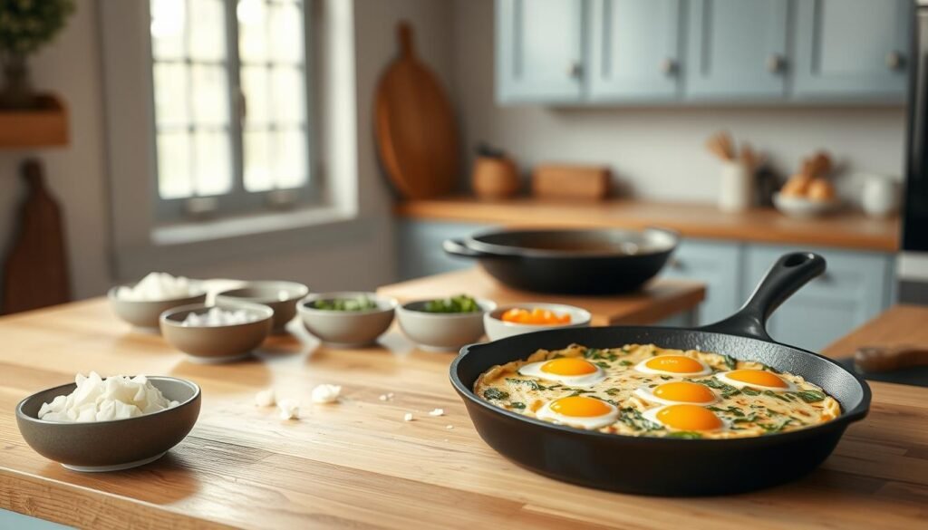 A beautifully lit, rustic kitchen scene showcasing the step-by-step preparation of a cast iron skillet frittata. In the foreground, a gleaming cast iron pan sits atop a wooden countertop, filled with vibrant seasonal vegetables and eggs. In the middle ground, a series of ordered mise en place bowls containing various ingredients - diced onions, bell peppers, fresh herbs. The background is bathed in soft, natural light from a large window, revealing a minimal, airy space with light blue cabinetry. The overall atmosphere is one of simplicity, care, and culinary focus, inviting the viewer to envision themselves cooking this nourishing breakfast dish.
