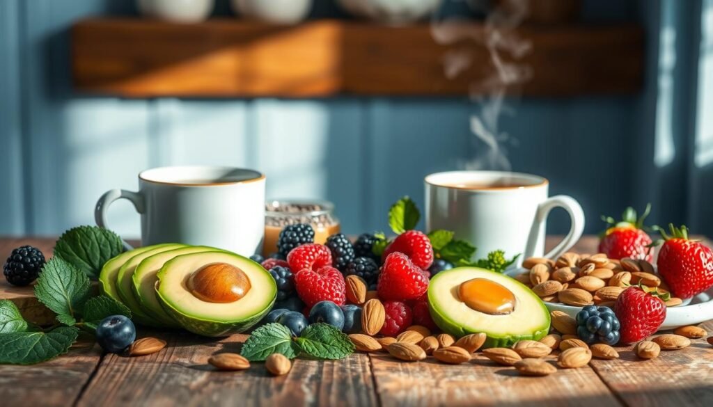 A beautifully lit still life featuring an assortment of nutrient-dense breakfast ingredients arranged on a rustic wooden table against a backdrop of light blue walls. In the foreground, a variety of fresh berries, sliced avocado, a drizzle of honey, and a handful of raw almonds create a visually appealing and wholesome composition. In the middle ground, a mug of steaming herbal tea and a small bowl of chia seeds add depth and texture to the scene. The lighting is soft and diffused, creating a warm, cozy atmosphere that complements the natural tones and textures of the ingredients.