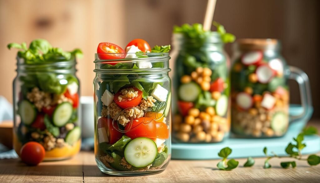 A beautifully lit still life of an assortment of salad jars showcasing creative ingredient combinations. In the foreground, a mason jar filled with layers of fresh greens, cherry tomatoes, cucumber slices, and a vibrant vinaigrette dressing. In the middle ground, another jar has colorful roasted vegetables, quinoa, and feta cheese. The background features a jar with a blend of leafy kale, chickpeas, sliced radishes, and a creamy tahini dressing. The scene is captured in soft, natural lighting against a backdrop of warm wooden surfaces and light blue accents, conveying a wholesome, appetizing atmosphere.