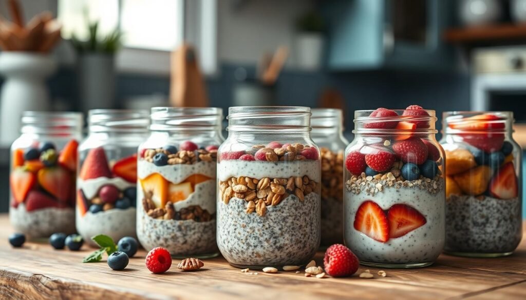 A beautifully styled arrangement of mason jars filled with an array of colorful, nutritious breakfast ingredients. The jars are nestled on a rustic wooden table, bathed in soft, natural lighting that highlights their translucent glass. Meticulously layered with overnight oats, chia pudding, fresh berries, and a variety of nuts and seeds, each jar showcases a unique flavor profile. Vibrant pops of color from the fruits and vegetables contrast with the muted blue-gray accents of the kitchen decor, creating a calming, inviting atmosphere. The composition is balanced and visually compelling, inviting the viewer to explore the customizable possibilities of these portable breakfast masterpieces.