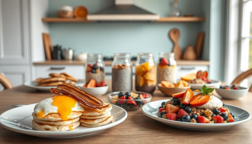 A beautifully styled flat-lay of a variety of creative breakfast recipes on a wooden table. In the foreground, artfully arranged plates feature fluffy pancakes, crisp bacon, oozy fried eggs, and vibrant acai bowls. In the middle ground, mason jars filled with overnight oats and chia puddings stand alongside freshly sliced fruits and berries. The background features a minimal, light blue-accented kitchen environment with wooden textures, soft natural lighting, and a sense of warmth and coziness. The overall composition is visually appealing, highlighting the textures, colors, and mouthwatering appeal of the prepped breakfast dishes.
