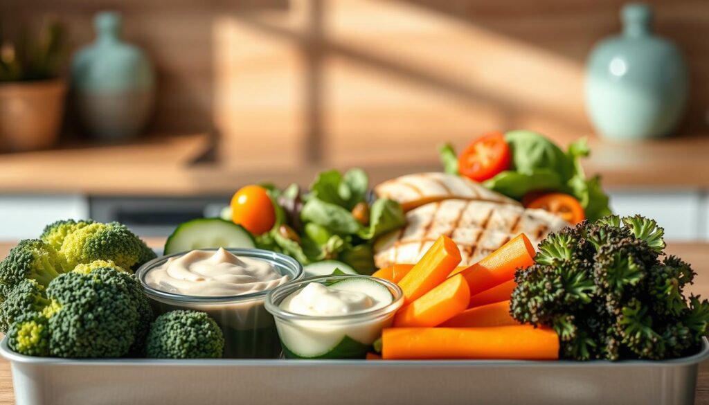 A beautifully styled lunchbox featuring a variety of diet-friendly, low-carb, and gluten-free options. In the foreground, fresh vegetables like broccoli, carrots, and bell peppers are arranged neatly. In the middle, a small bowl of creamy hummus and crisp cucumber slices. Behind them, a serving of grilled chicken breast and a small salad with leafy greens, cherry tomatoes, and a light vinaigrette dressing. The lunchbox is set against a cozy, minimal kitchen backdrop with warm wooden textures and light blue accents, casting a soft, natural light on the scene. The composition is simple yet visually appealing, showcasing the nutritious and aesthetically pleasing lunchbox options.