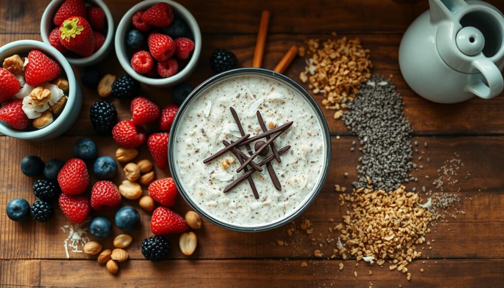 A beautifully styled overhead shot of an assortment of keto-friendly overnight oat toppings arranged on a rustic wooden surface. In the foreground, a bowl of creamy overnight oats is surrounded by vibrant berries, crunchy nuts, shredded coconut, and a drizzle of rich dark chocolate. The middle ground features a variety of textures, including crumbled sugar-free granola, chia seeds, and a sprinkle of cinnamon. The background has warm, natural lighting accentuating the cozy, minimalist kitchen setting with light blue accents.