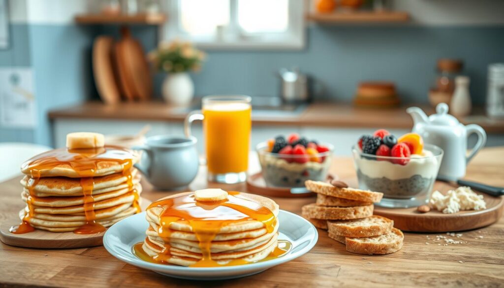 A beautifully styled vegan breakfast spread, featuring a variety of protein-rich ingredients artfully arranged on a wooden table. In the foreground, a stack of fluffy pancakes drizzled with maple syrup, accompanied by creamy avocado toasts and a bowl of nutritious chia pudding topped with fresh berries. In the middle ground, a glass of freshly squeezed orange juice and a steaming mug of aromatic coffee, surrounded by sliced almonds, hemp seeds, and crumbled tofu. The background is a cozy, minimal kitchen setting with light blue accents, natural wood tones, and soft, even lighting illuminating the scene.