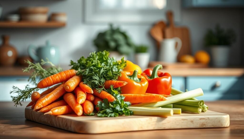A bountiful arrangement of fresh, crunchy vegetables sits atop a wooden cutting board in a cozy, minimalist kitchen. Crisp carrots, vibrant bell peppers, and crisp celery stalks are complemented by the light blue accents of the surroundings. The scene is bathed in soft, natural lighting, creating a warm and inviting atmosphere. The vegetables appear to be recently harvested, their surfaces glistening with a slight sheen. The composition emphasizes the textures and colors of the produce, highlighting their inherent beauty and appeal. This image captures the essence of a nourishing, no-cook vegan meal, ready to be enjoyed.