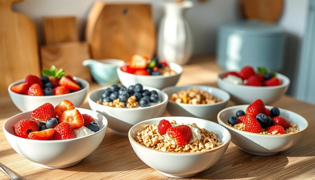 A bountiful arrangement of make-ahead breakfast bowls, meticulously crafted with a variety of nutritious ingredients. Vibrant fresh berries, creamy yogurt, and crunchy granola nestled in sleek, modern ceramic bowls. The bowls are set against a backdrop of a cozy, minimal kitchen with wooden textures and light blue accents, creating a serene and inviting atmosphere. Soft, natural lighting illuminates the scene, casting gentle shadows and highlighting the textures and colors of the carefully prepared breakfast. The scene conveys a sense of effortless nourishment and the importance of a well-balanced, make-ahead morning routine.