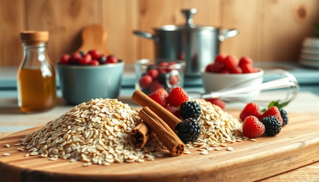 A bountiful arrangement of oatmeal ingredients and preparation tools set against a cozy kitchen backdrop. In the foreground, a wooden board showcases a selection of whole oats, cinnamon sticks, maple syrup, and fresh berries. In the middle ground, a saucepan, a measuring cup, and a whisk sit atop a light blue countertop. The background features warm wooden textures and soft natural lighting, creating a welcoming and inviting atmosphere for the delightful task of oatmeal preparation.