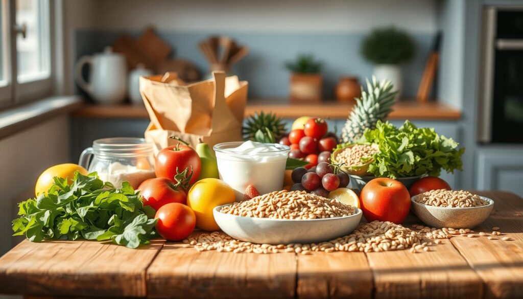 A bountiful arrangement of wholesome breakfast ingredients sits on a rustic wooden table, bathed in soft natural light filtering through a nearby window. An assortment of fresh fruits, crisp greens, creamy yogurt, and whole grain cereals create a vibrant, nourishing display. The scene exudes a sense of simplicity and well-being, inviting the viewer to imagine the delicious and healthy meal possibilities. The minimal kitchen environment with its warm wooden tones and light blue accents provides a welcoming backdrop, emphasizing the goodness and vitality of these essential breakfast components.
