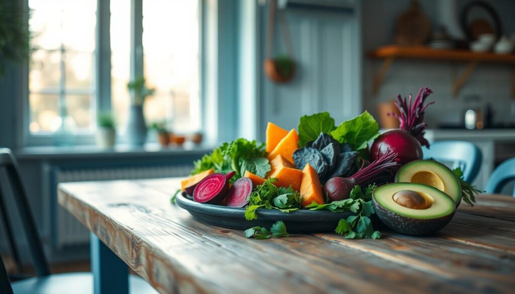 A bountiful array of nutrient-dense whole foods graces a rustic wooden table in a cozy, minimalist kitchen with light blue accents. Vibrant greens, crimson beets, golden sweet potatoes, and creamy avocado slices compose a visually striking and nourishing meal. Soft natural lighting filters through large windows, casting a warm glow on the scene. The composition emphasizes the beauty and vitality of these wholesome ingredients, inspiring a sense of culinary delight and wellness. A perfect embodiment of the "Supercharging Your Lunch with Nutrient Density" concept.