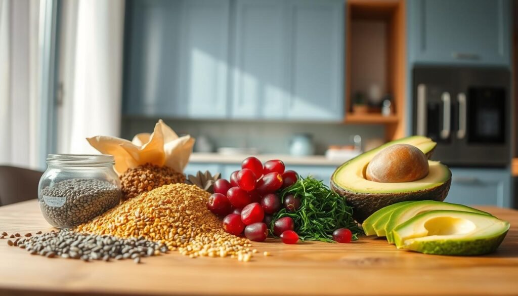 A bountiful array of vibrant superfoods artfully arranged on a wooden table: glistening chia seeds, golden maca powder, ruby-hued pomegranate arils, verdant spirulina flakes, and creamy avocado slices. Soft natural light filters through sheer curtains, casting a warm glow on the ingredients. In the background, a minimalist kitchen with light blue cabinetry and a sleek, modern appliance. The scene exudes a sense of nourishment, balance, and culinary inspiration, perfectly capturing the essence of "Incorporating Superfoods and Nutritional Boosters" for a wholesome breakfast.
