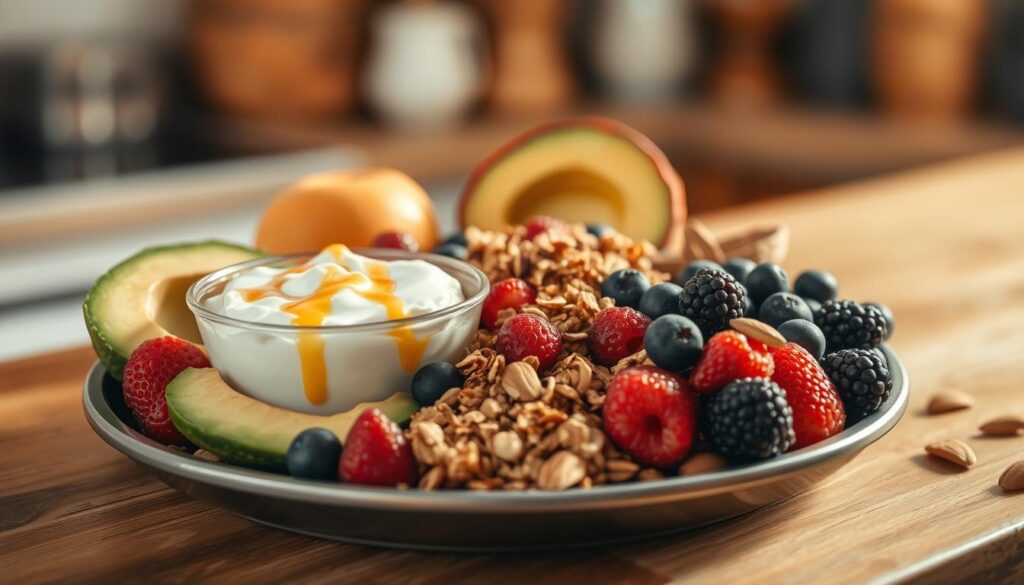 A bountiful assortment of nutritious breakfast ingredients arranged artfully on a wooden kitchen counter, bathed in warm, soft lighting. Fresh fruits like berries, sliced avocado, and creamy Greek yogurt nestle alongside crunchy granola, a drizzle of raw honey, and a scattering of toasted almonds. The scene exudes a sense of simplicity and wholesome indulgence, inviting the viewer to savor a mindful, nourishing start to the day.