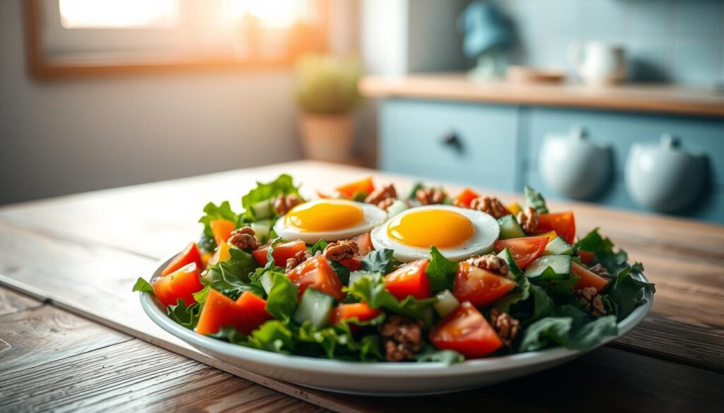 A bountiful breakfast salad arranged on a rustic wooden table, bathed in soft, natural light filtering through a nearby window. In the foreground, a bed of crisp greens, sprinkled with diced tomatoes, crunchy cucumbers, and vibrant bell peppers. Nestled amidst the vegetables, two perfectly cooked eggs, their bright yellow yolks glistening. The middle ground features a scattering of toasted walnuts and a drizzle of a light, tangy vinaigrette. In the background, the minimal kitchen setting is highlighted by the warm wooden textures and soft blue accents, creating a cozy, inviting atmosphere. The composition emphasizes the wholesome, nutrient-dense nature of this breakfast salad, perfect for a nourishing start to the day.