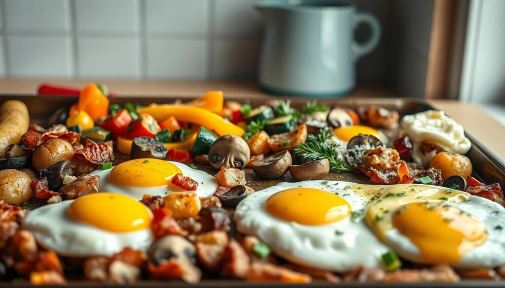 A bountiful breakfast sheet pan displays an array of creative variations. In the foreground, fluffy eggs are nestled among roasted potatoes, caramelized onions, and crumbled bacon. The middle ground showcases a medley of colorful vegetables - vibrant bell peppers, tender zucchini, and earthy mushrooms. In the background, a scattering of fresh herbs, a drizzle of creamy hollandaise, and a sprinkling of grated cheese add layers of flavor. Warm, soft lighting casts a cozy glow, highlighting the rustic wooden textures and light blue accents of the minimal kitchen setting. The overall scene emanates a sense of comfort and culinary creativity, inviting the viewer to imagine the delicious possibilities of a breakfast sheet pan.