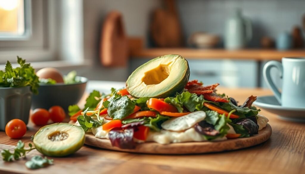 A bountiful breakfast spread showcasing a vibrant veggie medley nestled in a bed of creamy, melted cheese, crowned with a soft-hued avocado half. The scene is bathed in warm, natural light pouring through a window, casting a cozy glow over the wooden surfaces and light blue accents of the minimal kitchen setting. The crisp, fresh vegetables and rich, savory cheese create a mouthwatering composition, inviting the viewer to indulge in this nourishing and satisfying low-carb meal.
