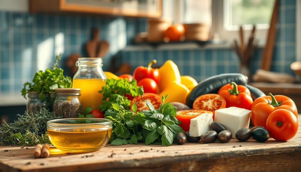 A bountiful display of Mediterranean cooking essentials on a rustic wooden table, bathed in warm, natural lighting. In the foreground, a selection of fresh herbs - fragrant rosemary, vibrant basil, and earthy oregano - alongside jars of aromatic spices and a drizzle of golden olive oil. In the middle ground, an assortment of vibrant vegetables - sliced tomatoes, crisp bell peppers, and plump eggplants - alongside a wedge of tangy feta cheese and a handful of kalamata olives. In the background, the soft blue hues of the kitchen's tiled walls and the gentle reflection of sunlight through a window, creating a serene and inviting atmosphere.