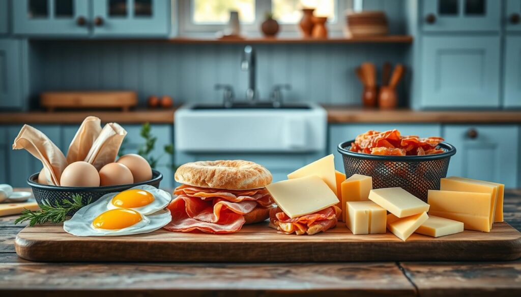 A bountiful display of breakfast sandwich ingredients arranged on a rustic wooden table against a backdrop of light blue cabinetry. Fresh eggs, crisp bacon, fluffy English muffins, and a variety of cheese slices are beautifully styled with a minimalist, elegant composition. Soft, natural lighting emanates from a window, gently illuminating the scene and casting warm shadows. The overall mood is one of simplicity, preparedness, and the anticipation of a delicious homemade meal.