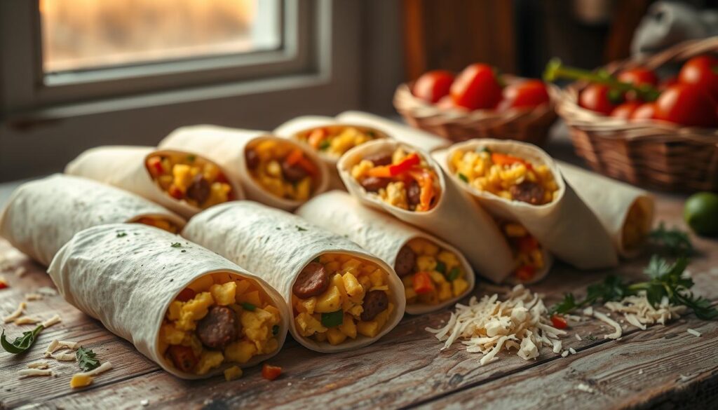A bountiful display of freezer-friendly breakfast burritos, lovingly crafted with fluffy scrambled eggs, savory sausage, and vibrant bell peppers. The burritos are arranged on a rustic wooden table, alongside a few scattered ingredients like shredded cheese and fresh herbs. Soft, warm light filters in through a nearby window, casting a cozy glow and highlighting the hearty textures. The overall scene exudes a sense of casual, wholesome preparation - a nourishing meal ready to be enjoyed on-the-go or at the office.