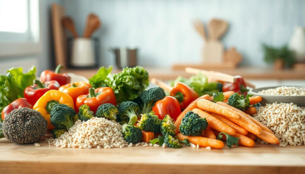 A bountiful display of fresh vegetables and carbohydrates laid out on a wooden kitchen counter, bathed in soft, natural light. An array of colorful bell peppers, crisp broccoli florets, vibrant carrots, and whole grain rice or quinoa neatly arranged, ready for chopping and sautéing. The scene exudes a sense of calm organization, hinting at the healthy, balanced meal to come. The minimal, light blue-accented kitchen provides a serene backdrop, allowing the ingredients to take center stage. The overall composition conveys the idea of effortless meal prep, inspiring the viewer to create their own nourishing, customizable stir-fry dish.