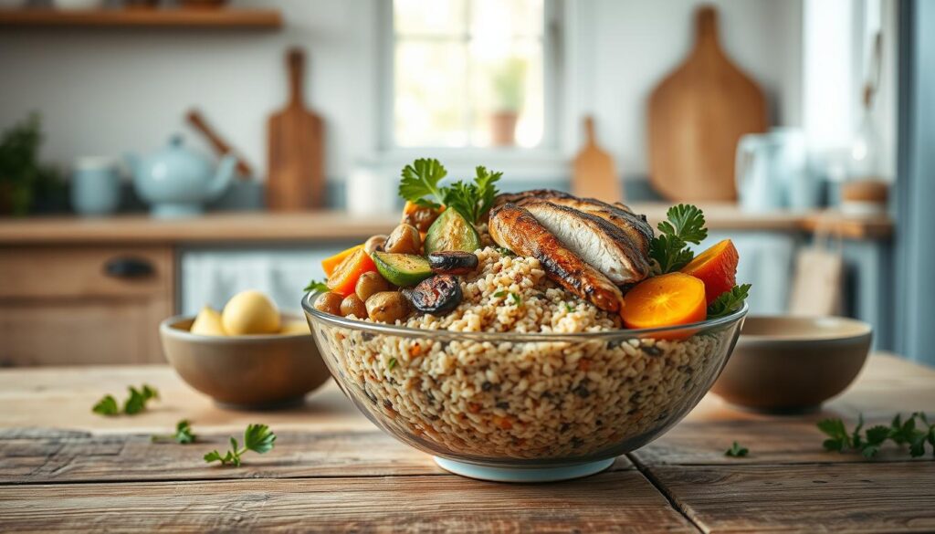 A bountiful grain bowl filled to the brim with nutrient-dense ingredients, artfully arranged on a rustic wooden table in a cozy, minimal kitchen. Quinoa, roasted vegetables, and grilled chicken create a visually appealing and nutritious meal, accented by the light blue hues of the kitchen accents. The lighting casts a warm, soft glow, highlighting the vibrant colors and textures of the ingredients. A serene, inviting atmosphere showcases the appeal of this wholesome, balanced meal prep option.