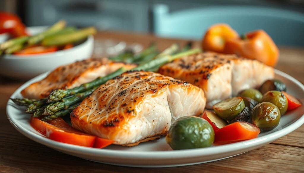 A bountiful plate showcases freshly seared salmon fillets, their crisp skin glistening under the warm, soft lighting. Surrounding the salmon are an array of roasted vegetables - tender asparagus spears, vibrant bell peppers, and earthy brussels sprouts. The ingredients are beautifully arranged on a rustic wooden table, complemented by the light blue accents of the minimal, cozy kitchen. The scene exudes a sense of simplicity and nourishment, perfectly capturing the essence of a Whole30-compliant, protein-packed clean eating meal.