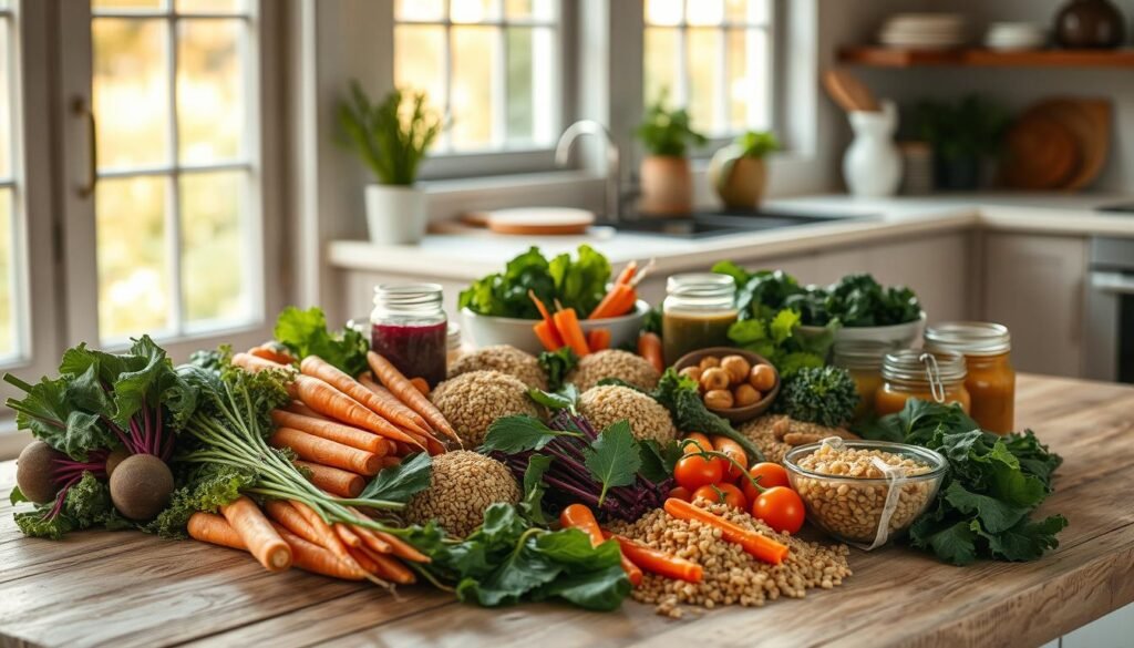 A bountiful seasonal meal spread laid out on a rustic wooden kitchen counter, bathed in warm, natural light filtering through large windows. Vibrant, freshly-harvested vegetables - crisp carrots, earthy beets, leafy kale - alongside hearty grains, aromatic herbs, and jars of colorful sauces, creating a visually appealing and nutritious assortment. Neutral tones of beige, grey, and light blue provide a calming backdrop, while subtle pops of color from the ingredients energize the scene. A sense of intentionality and thoughtfulness permeates the arrangement, hinting at the care and skill behind meal preparation. The overall mood is one of rustic simplicity, wellness, and efficiency - a strategic approach to nourishing oneself for the workweek ahead.