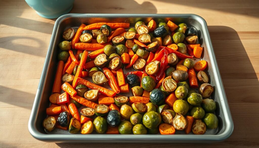 A bountiful sheet pan showcases an array of roasted vegetables, their vibrant hues glistening in the warm, natural light of a cozy kitchen. Carrots, zucchini, bell peppers, and Brussels sprouts are evenly distributed, their crisp edges and tender centers a testament to precise timing and temperature. The wooden textures and light blue accents of the minimal surroundings lend a sense of rustic elegance, while the absence of any distracting elements allows the viewer to fully appreciate the nourishing beauty of this carefully prepared meal. The overall composition evokes a feeling of balance, simplicity, and the joy of wholesome, plant-based cuisine.