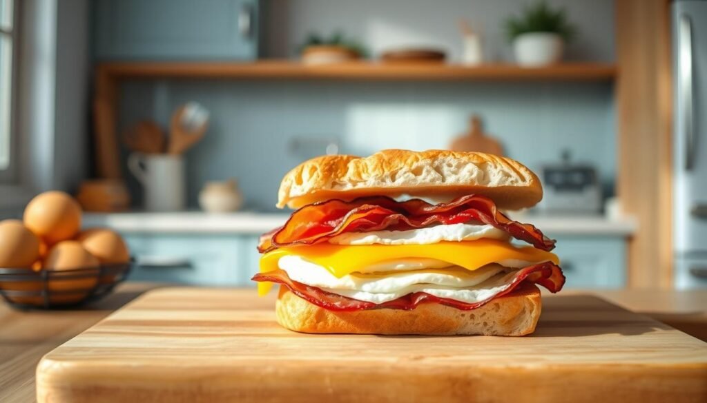 A breakfast sandwich assembly guide showcased in a cozy, minimal kitchen with warm wooden textures and light blue accents. Freshly baked bread, crisp bacon, fluffy eggs, and melted cheese layers neatly arranged on a wooden cutting board. Soft, natural lighting illuminates the scene, casting gentle shadows and highlighting the inviting colors and textures. The guide demonstrates the methodical steps of constructing this breakfast staple, inspiring viewers to recreate the satisfying meal at home. A sense of simplicity and efficiency pervades the atmosphere, in line with the 
