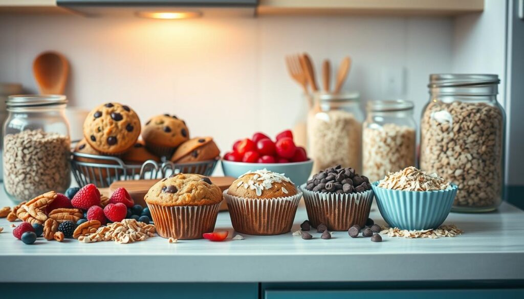 A bright, airy kitchen counter showcases an array of creative muffin mix-ins arranged artfully. Freshly baked muffins sit alongside an assortment of colorful berries, chopped nuts, shredded coconut, and chocolate chips. Glass jars filled with dry ingredients like oats, flour, and protein powder stand ready for mixing. Warm lighting from above casts a cozy glow, highlighting the wooden textures and light blue accents that define the minimal, inviting space. The scene conveys a sense of culinary experimentation and personal customization, inspiring the viewer to craft their own delicious protein-packed muffin variations.